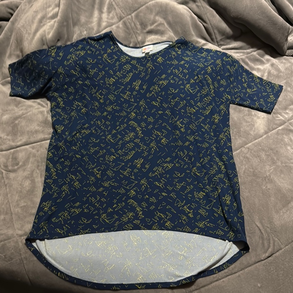 Lularoe Blue and Yellow Short Sleeve Tee with Classic Crew Neck and Curved Hem